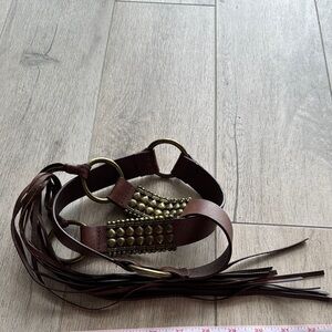 Brown Genuine Leather Belt with Brass Accents and Fringe Ties Large